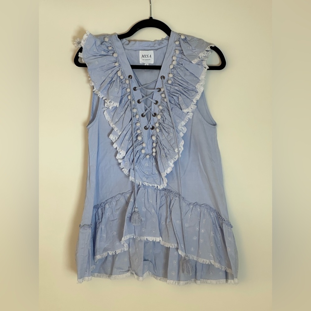 Misa Los Angeles Blue Embroidered Ruffle Top